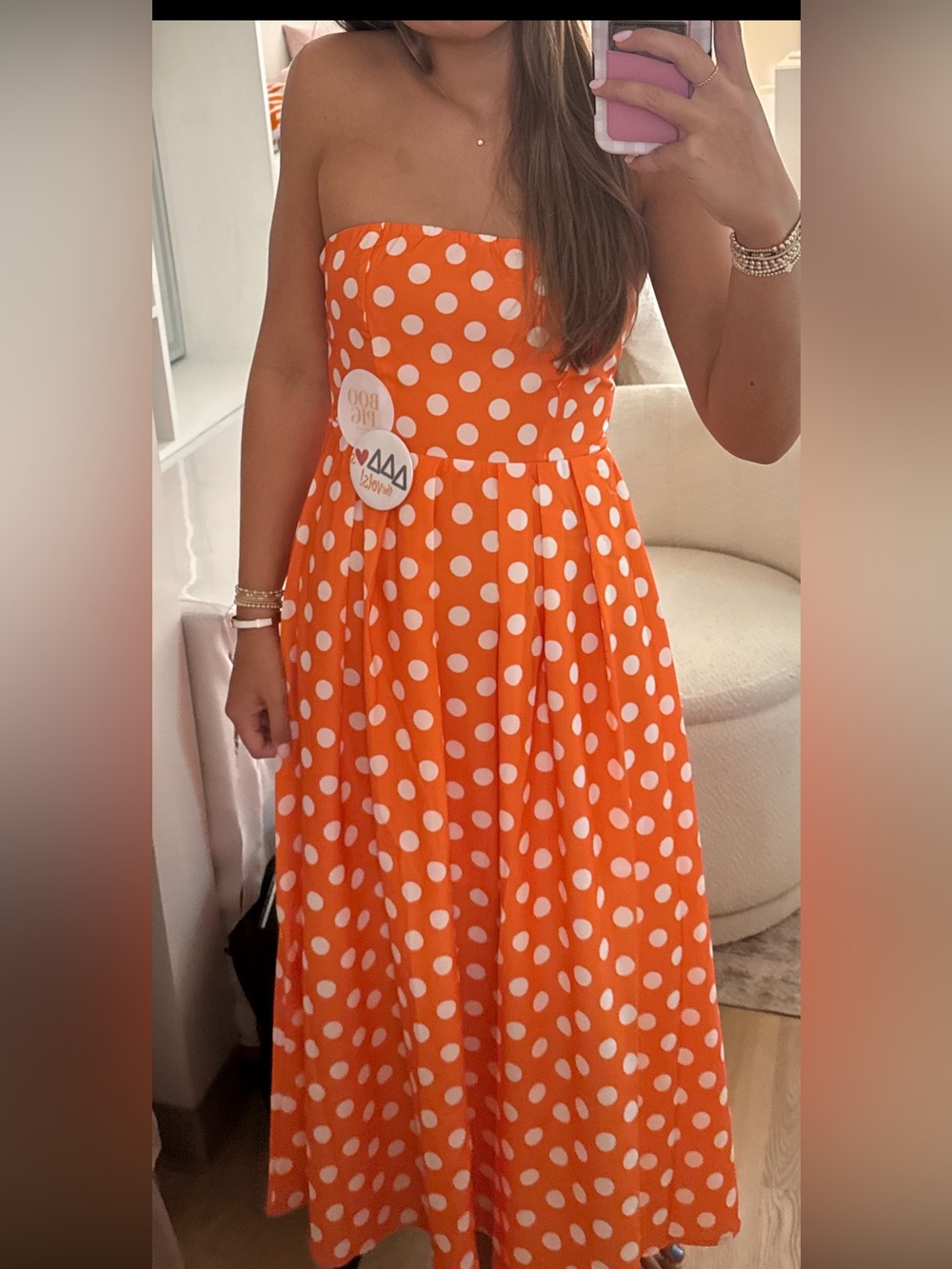 Fancy Boutique Orange and White Polka Dot Strapless Maxi